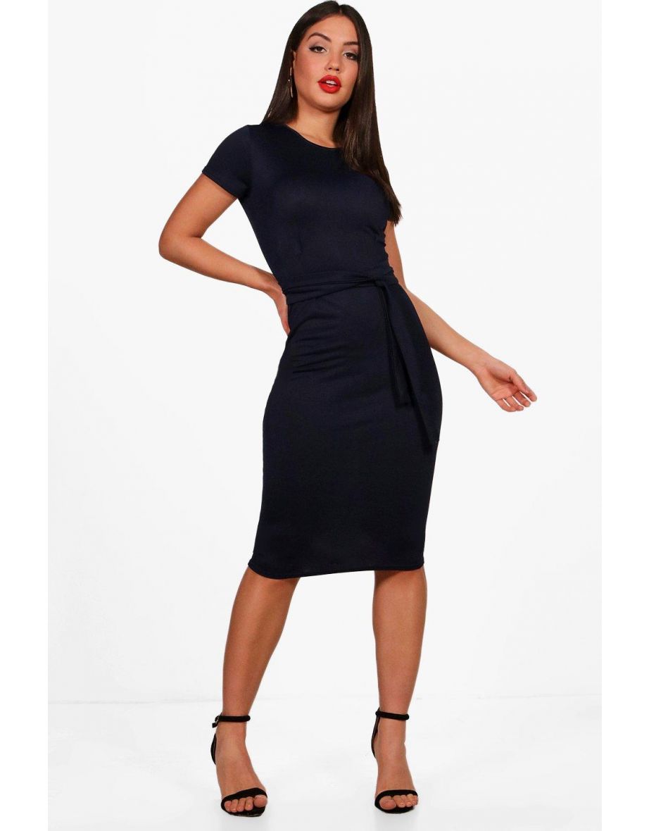 Pleat Front Belted Tailored Midi Dress - navy