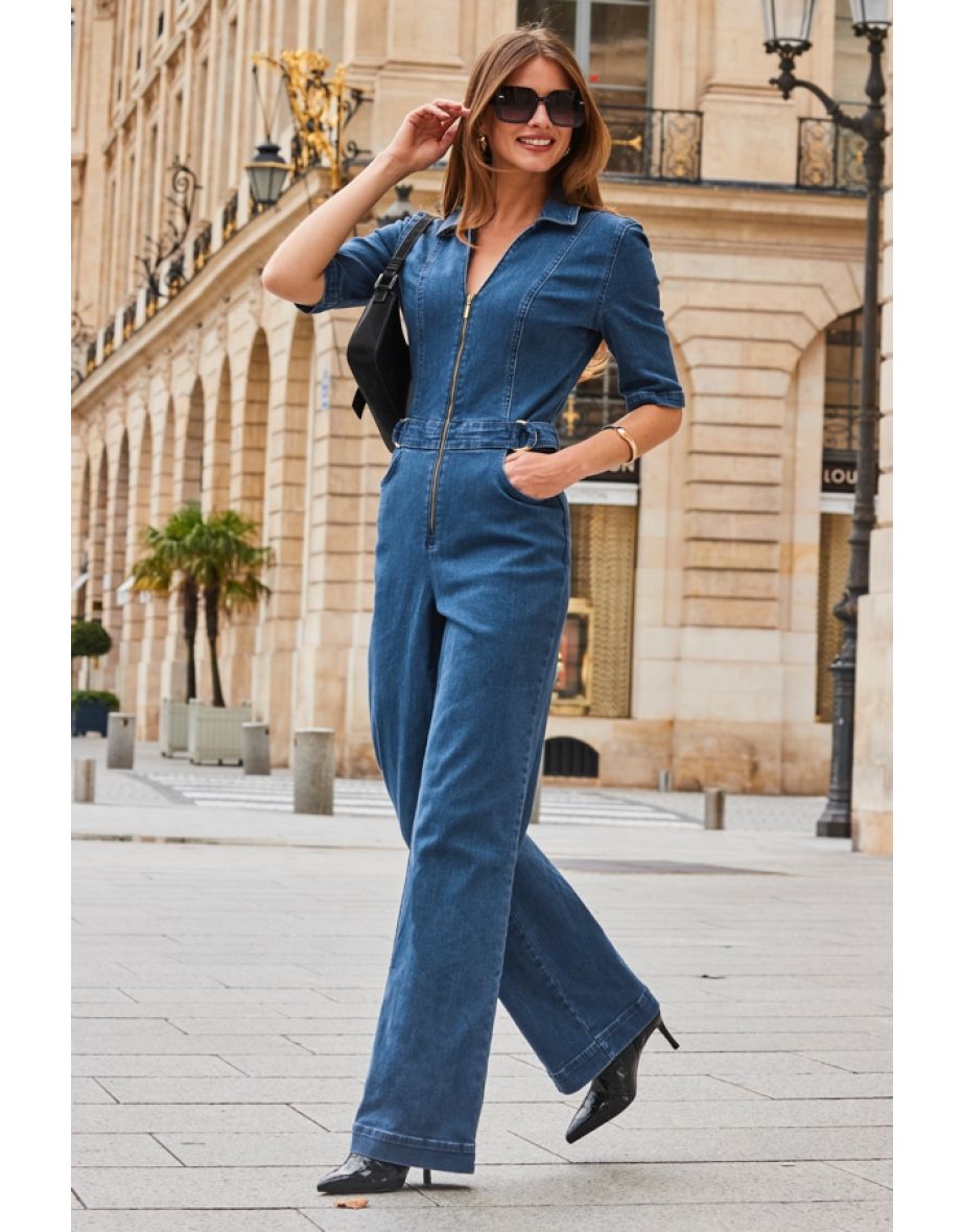 Dark Indigo Zip Front Wide Leg Denim Jumpsuit