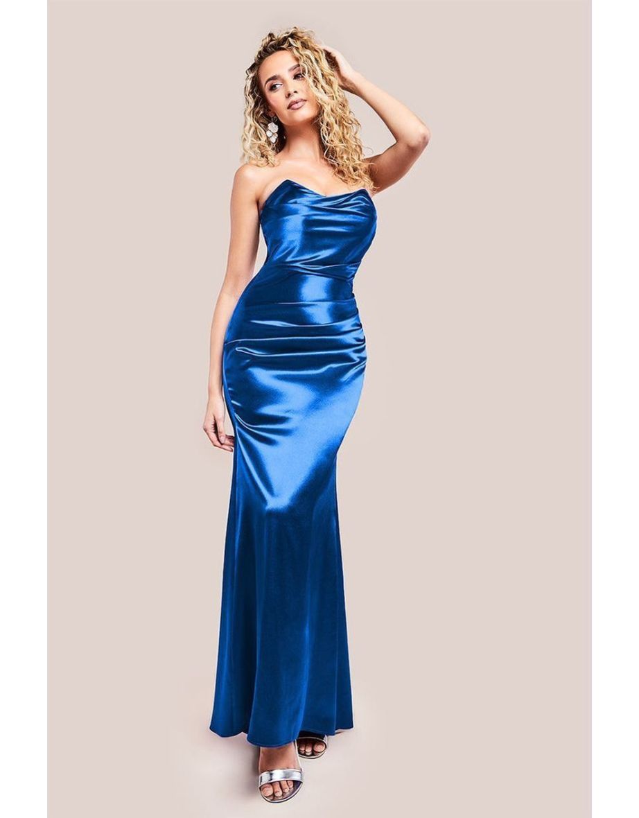 Goddiva Satin Bandeau Maxi Dress - Royal Blue