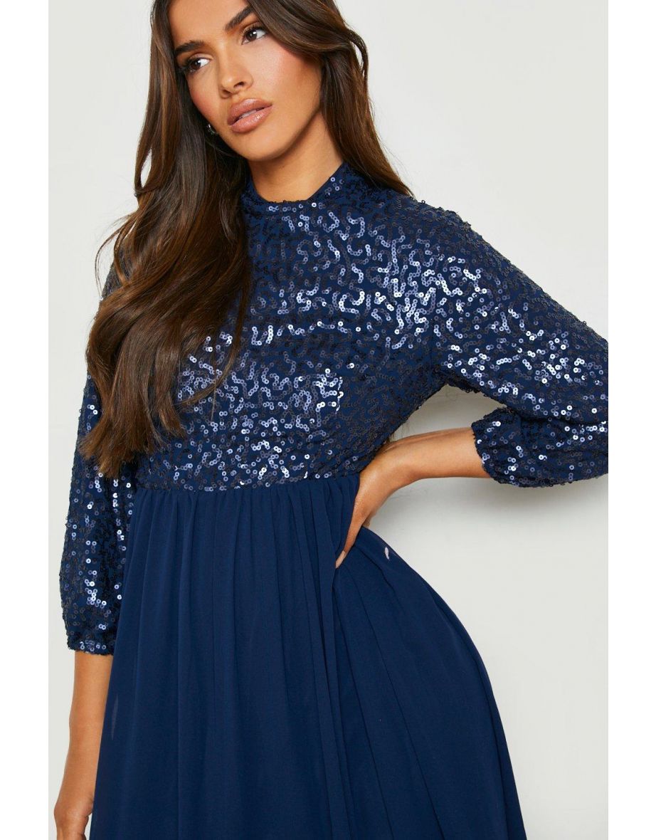 Sequin High Neck Maxi Bridesmaid Dress - navy - 3