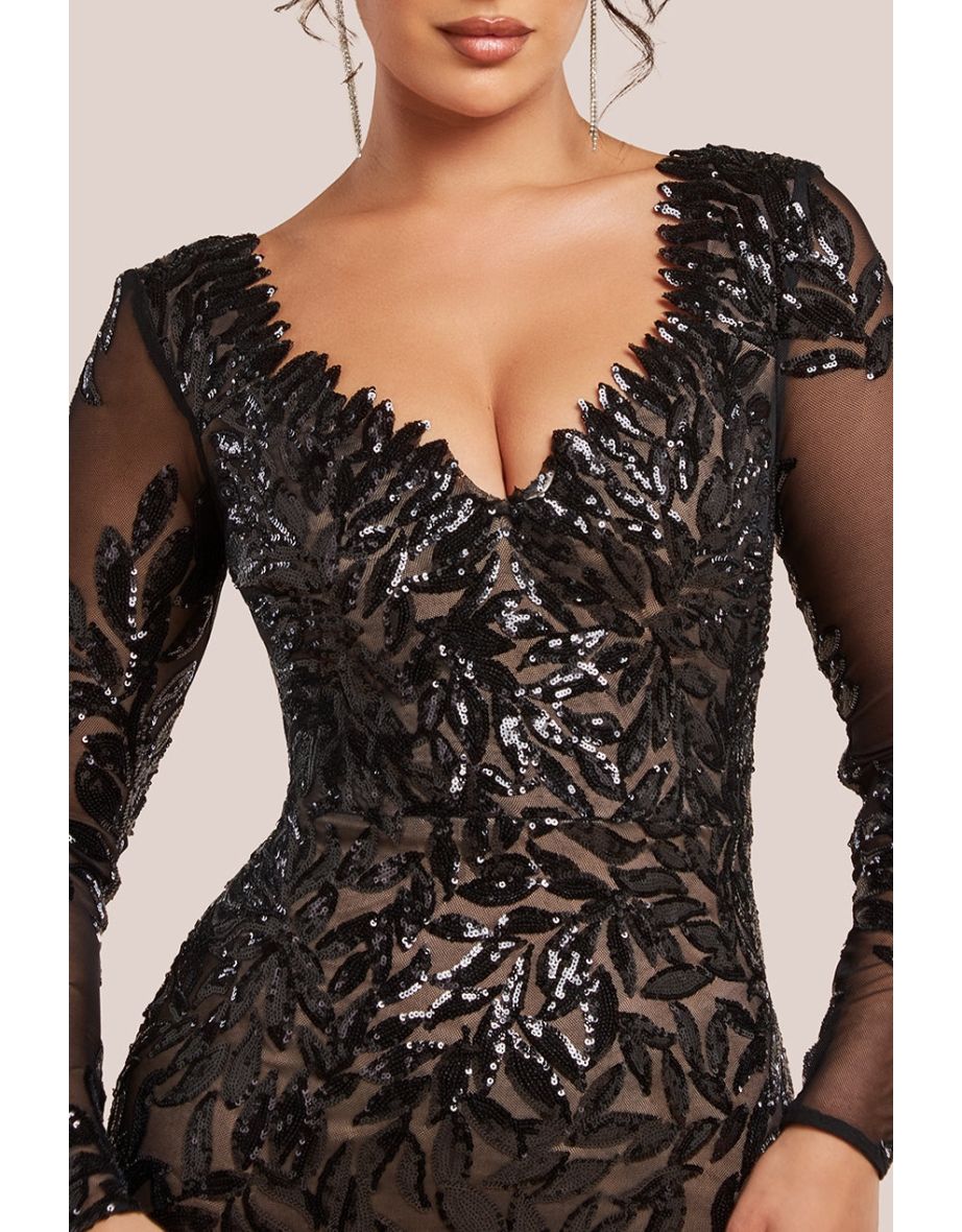 Goddiva Long Sleeve Sequin Leaf Long Sleeve Maxi Dress - Black - 3