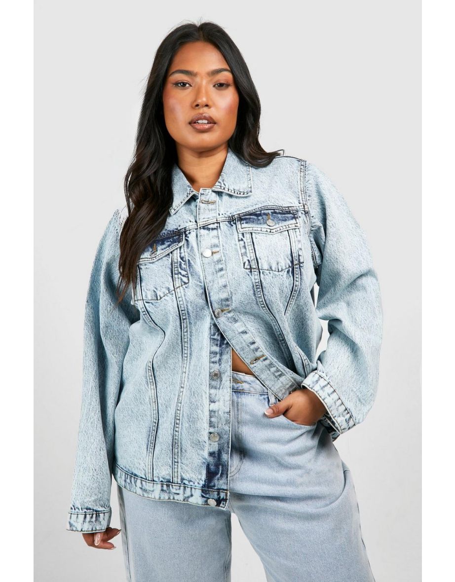 Plus Acid Wash Pocket Oversized Denim Jacket - acid wash light blue