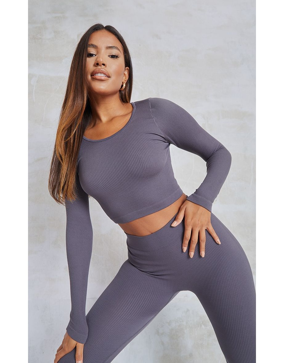 Round Neck Ribbed Long Sleeve Crop Top Grey