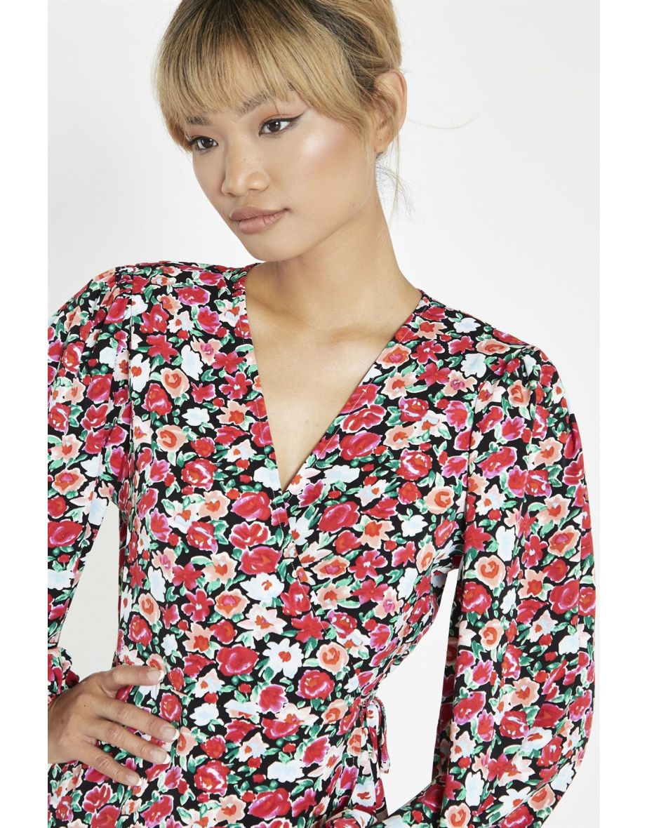 Black-Red 90s-Floral Wrap Mini-Dress - 3