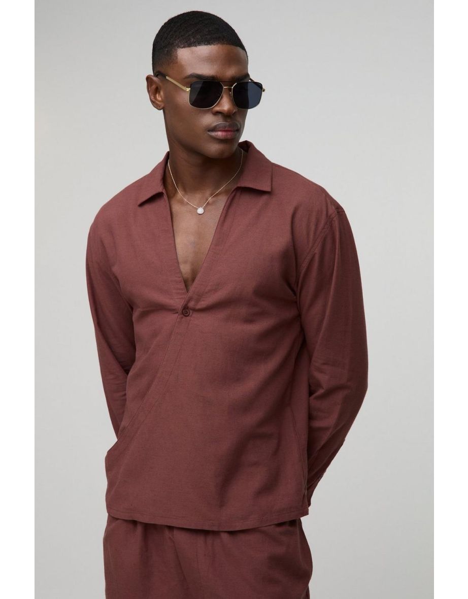 Oversized Wrap Front Long Sleeve Linen Shirt