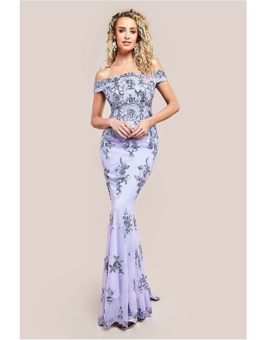Goddiva Bardot Sequin Embroidered Maxi Dress - Lilac