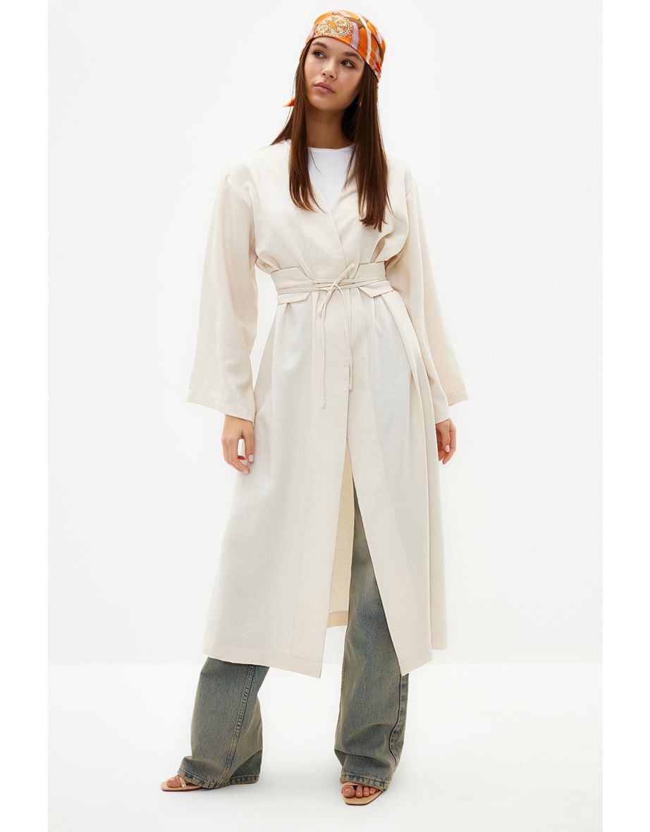 Linen Look Woven Kimono & Kaftan with Stone Waist Tie Detail
