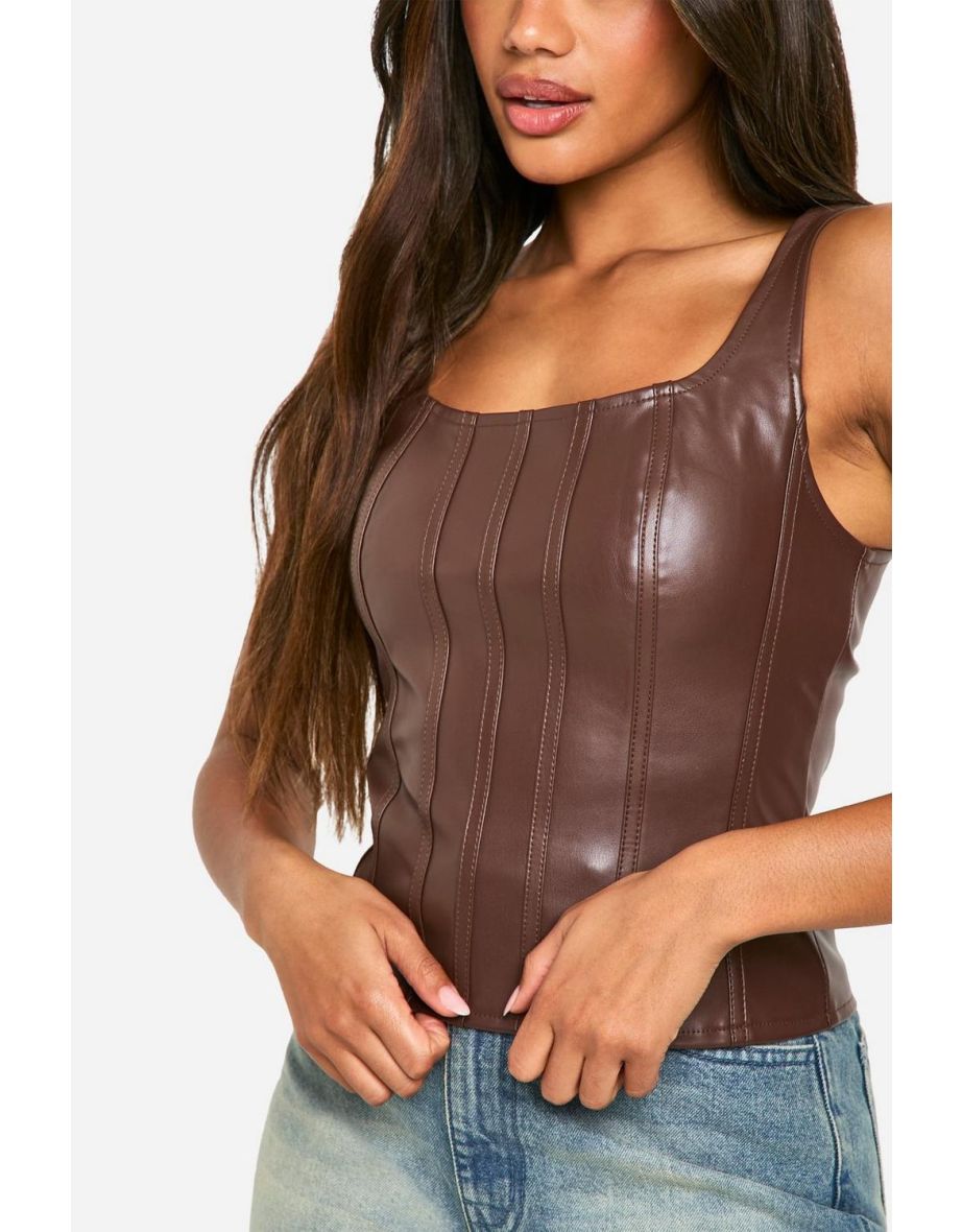 Faux Leather Zip Through Square Neck Corset - chocolate - 3