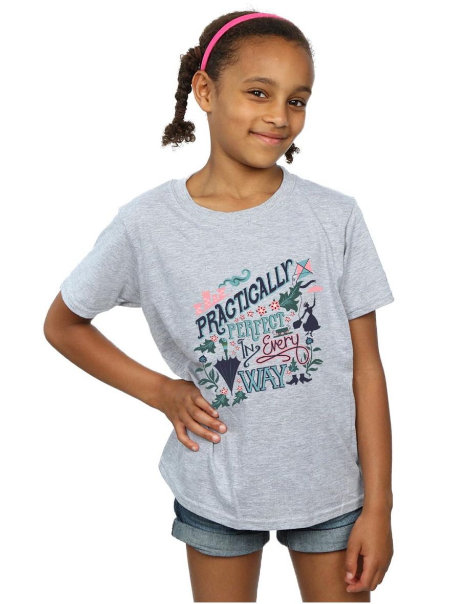 Mary Poppins Girls Practically Perfect In Every Way Cotton T-Shirt - Sports Grey