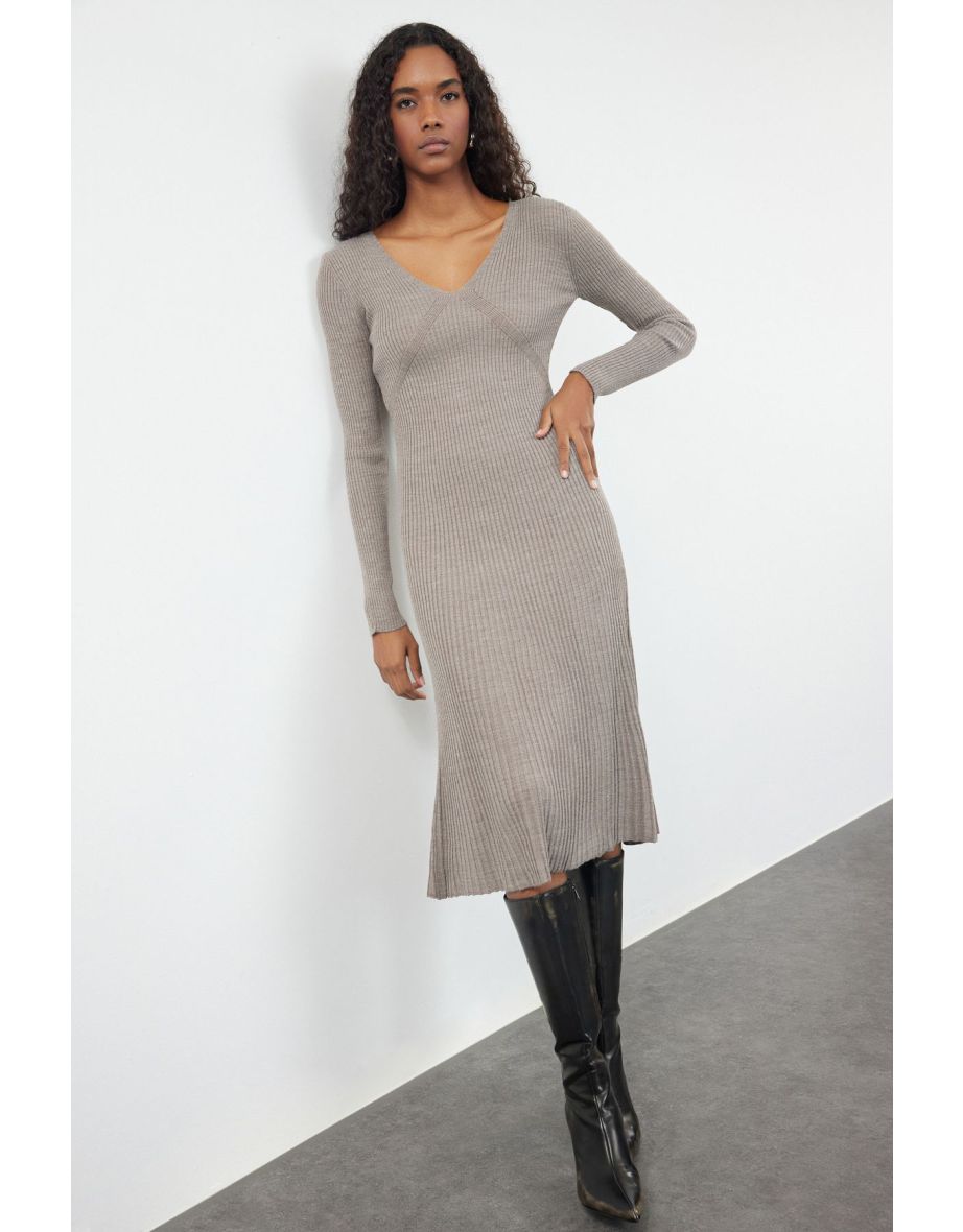 Beige Midi Knitwear Dress with Frilled Hem