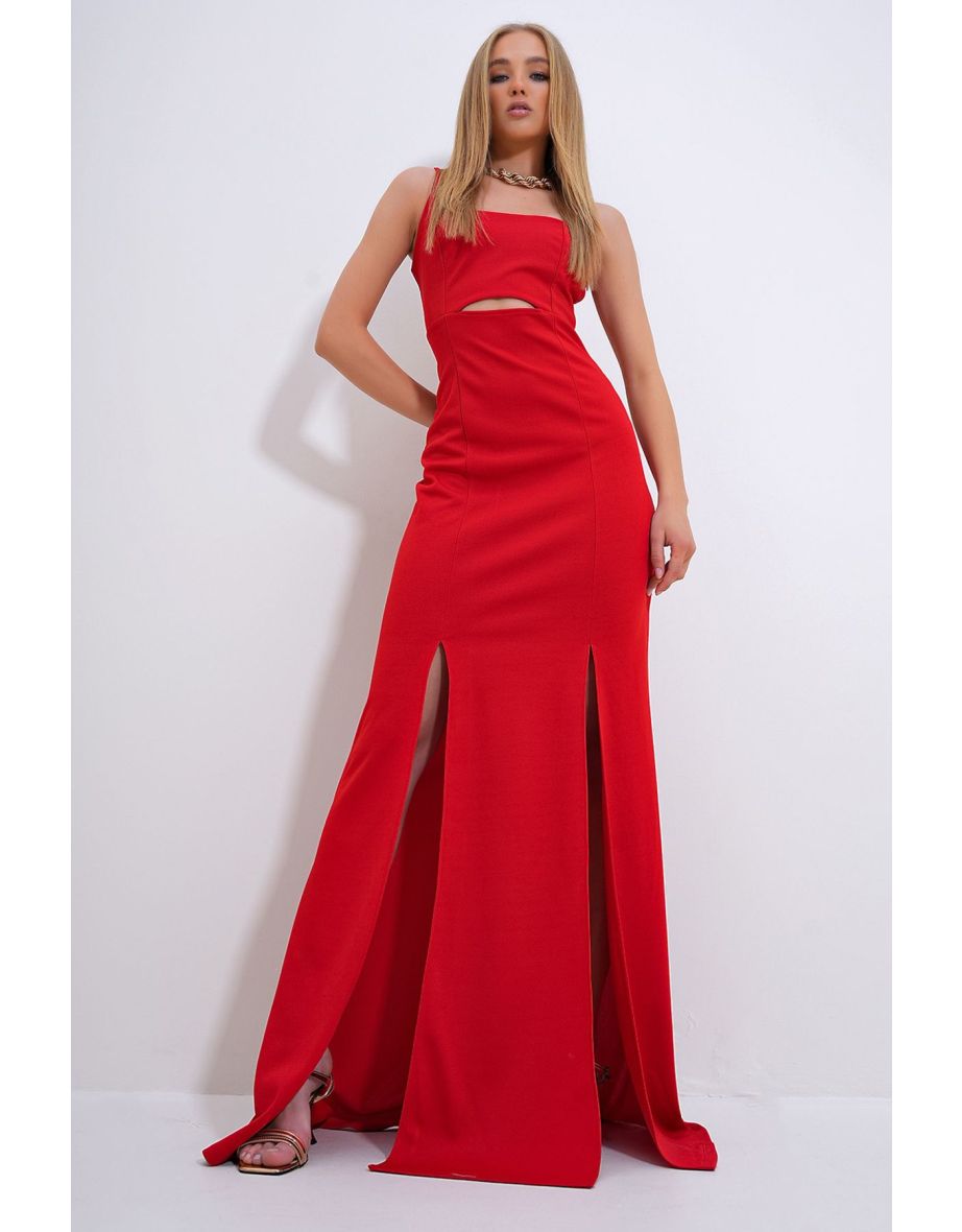 Women's Red Adjustable Strap Out Cut Slit Graduation Dress