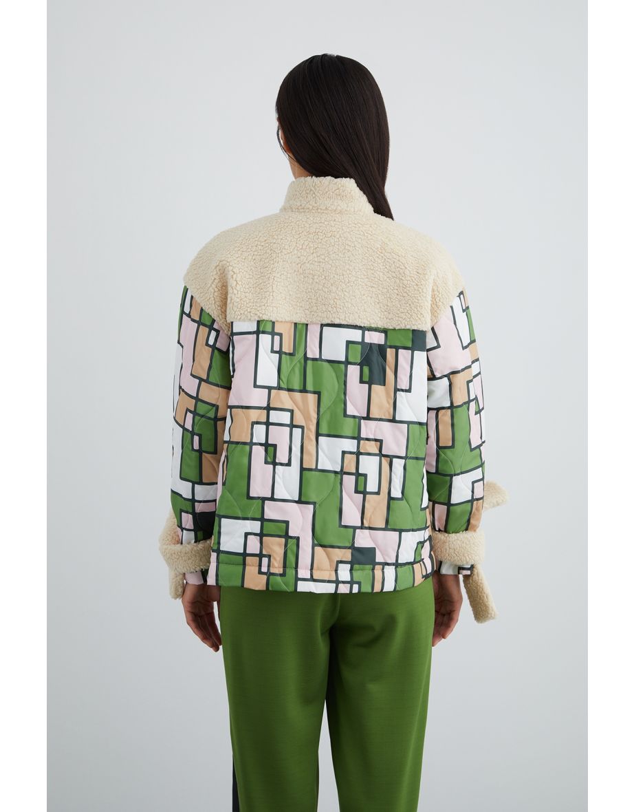 Color-Blocked Cream Faux Fur Jacket - 3