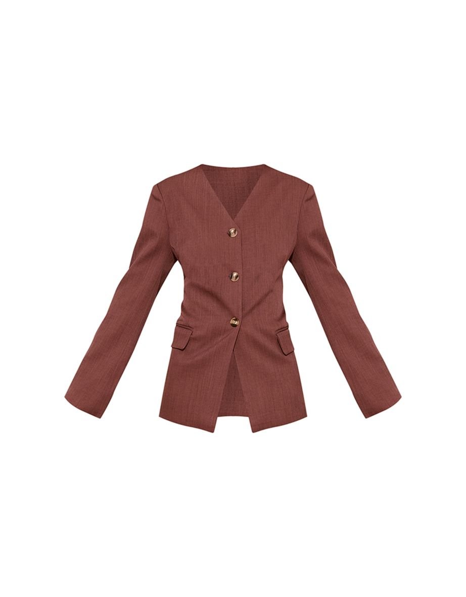 Chestnut Premium Tailored Collarless Button Up Fitted Blazer - 4