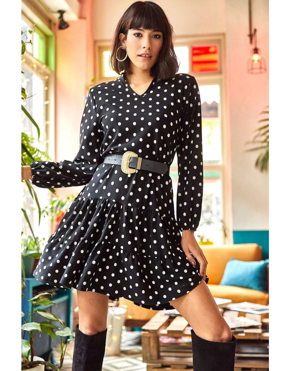 Women's Black Polka Dot V-neck Flounce Dress