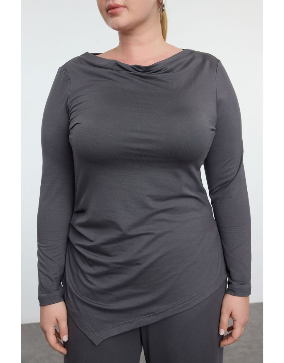 Anthracite Premium Boat Neck Knitted Plus Size Bottom Top Set - 4