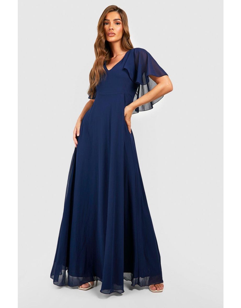 Chiffon Cape Sleeve Maxi Bridesmaid Dress - navy