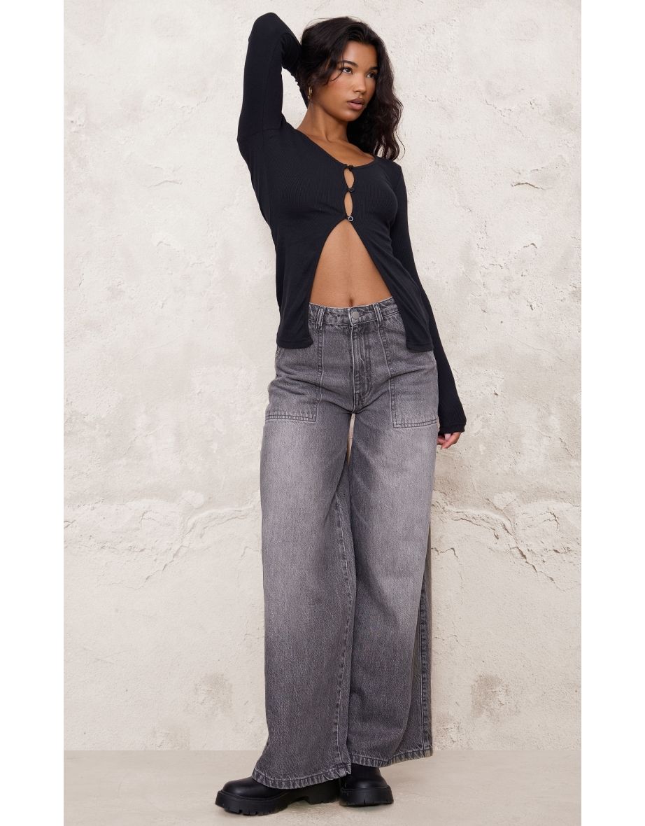 Black Ribbed Button Detail Spilt Hem Long Cardigan