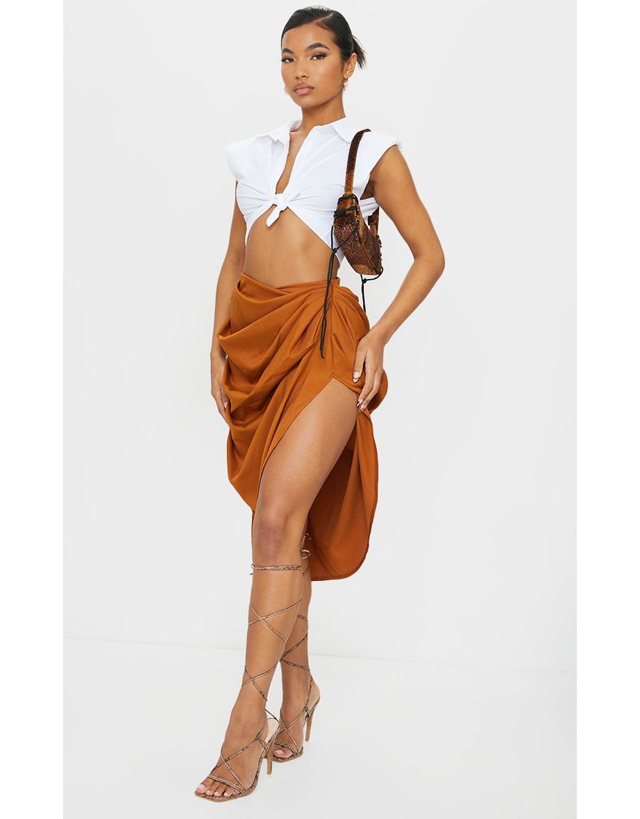 Brown Ruched Side Midi Skirt