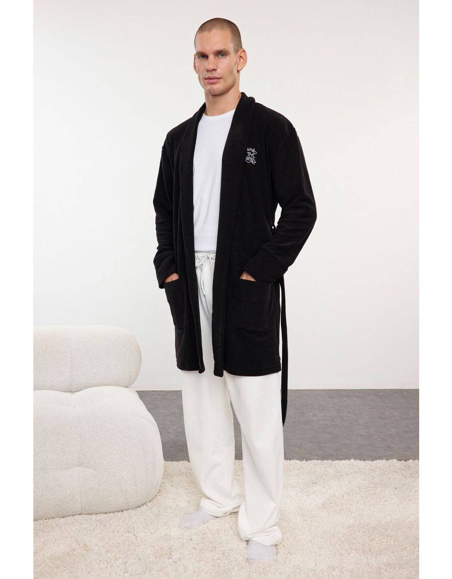 Men's Black Embroidered Wellsoft Winter Polar Fleece Dressing Gown