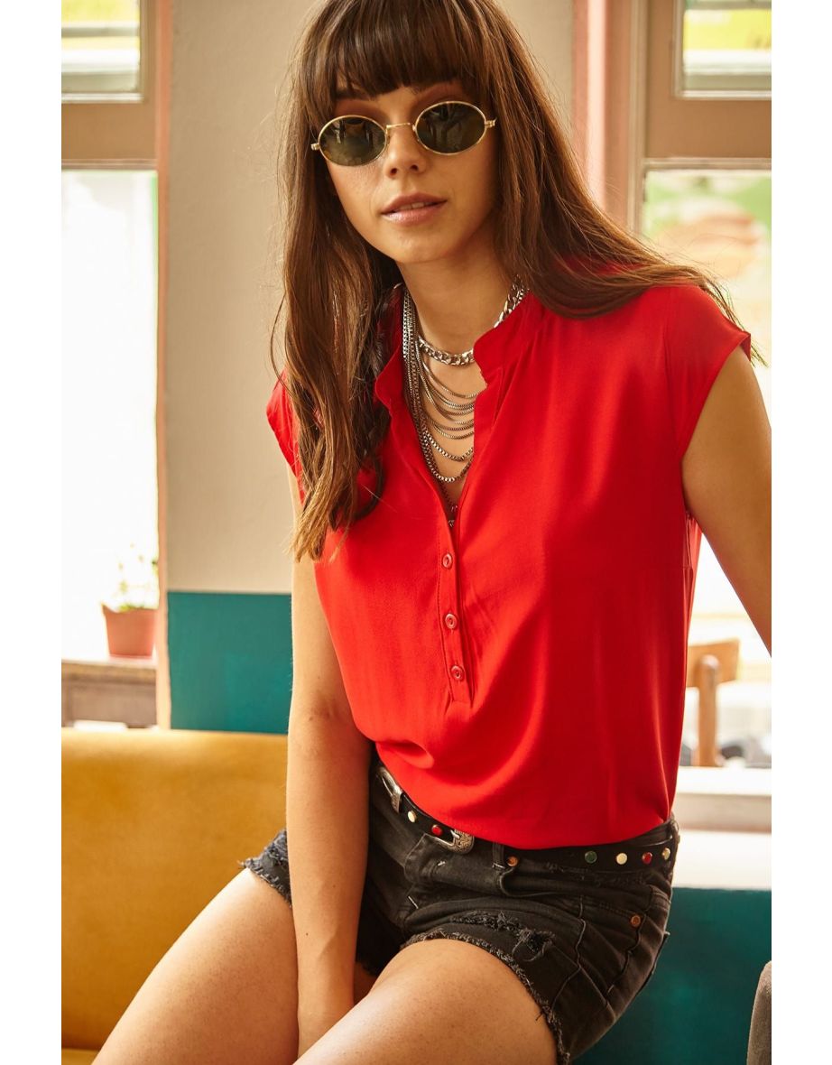 Women's Red V-Neck 4 Buttons Viscose Blouse