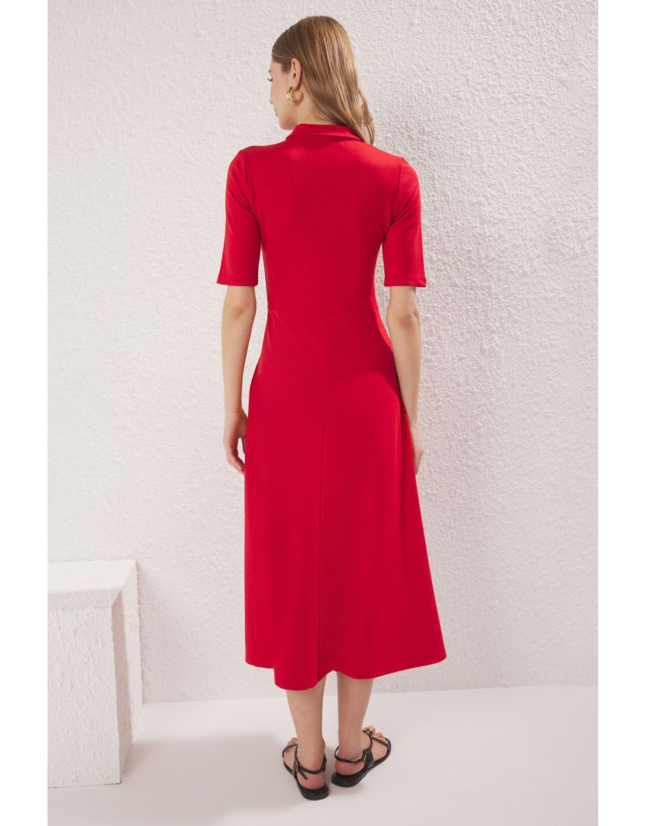 Red Buttoned Collar Three Quarter Sleeve Skater/Waist Open Midi Knit Dress - 3