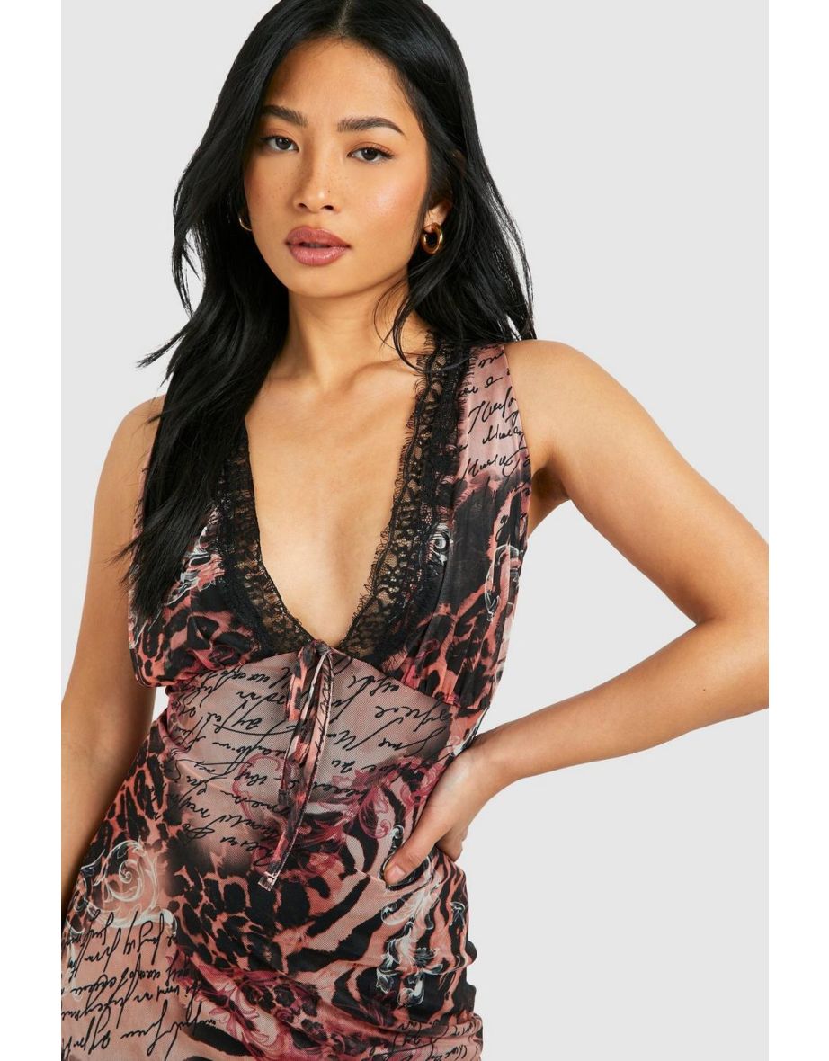 Petite Animal Lace Tie Front Plunge Mesh Maxi Dress - natural - 3