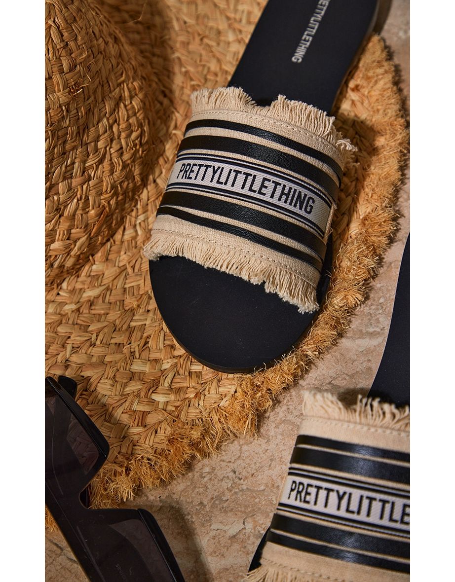 PRETTYLITTLETHING Black Linen Fringe Sandals - 3