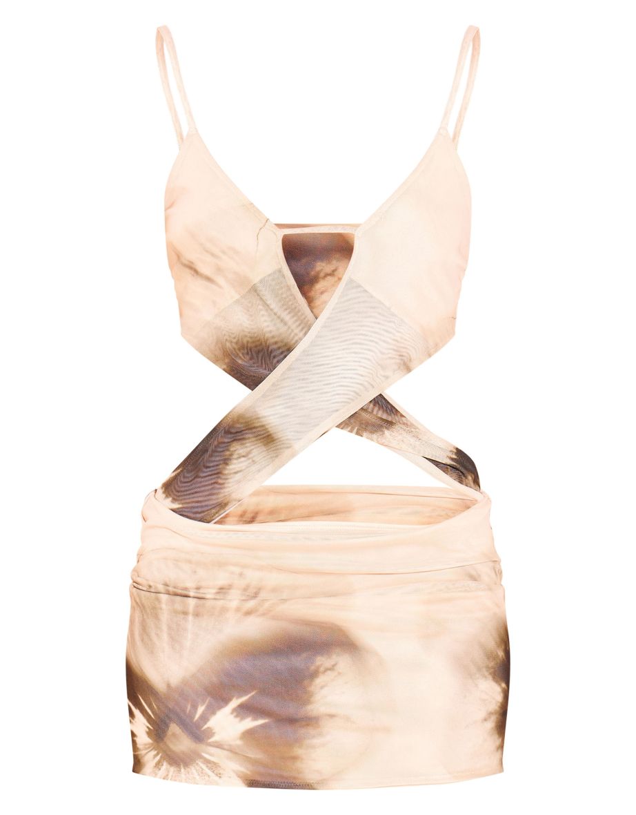 Cream Butterfly Print Mesh Extreme Cut Out Mini Dress - 4