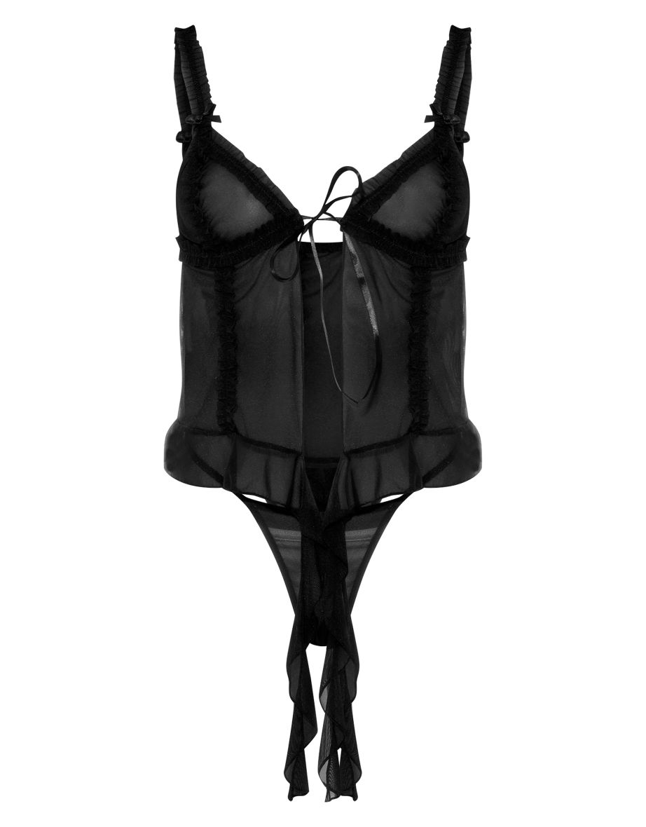 Black Mesh Frill Tie Front Lingerie Set - 4