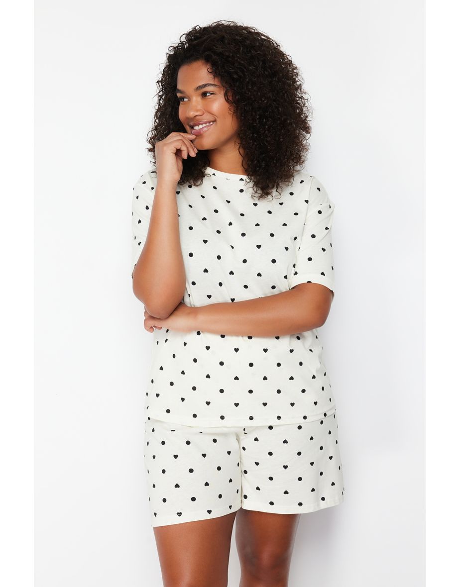 White Heart Pattern Knitted Pajamas Set