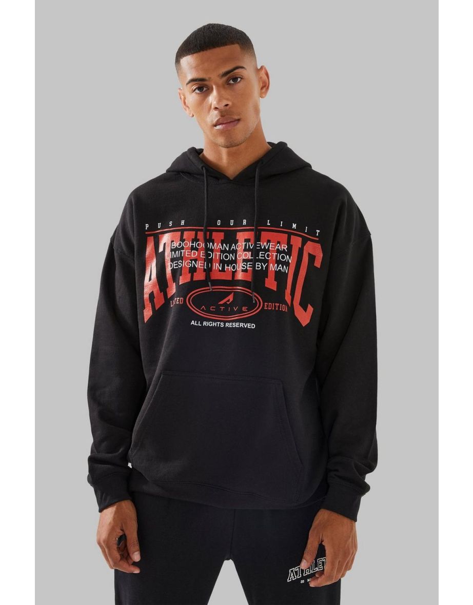 Man Active Overized Athletic Print Hoodie - black