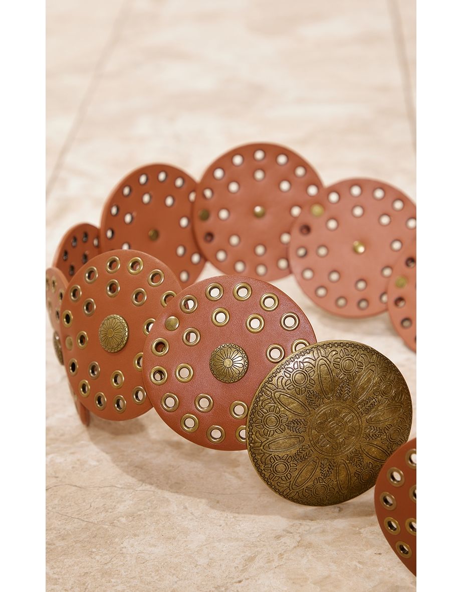 Tan Studded Large Concho Sheild Belt - 2