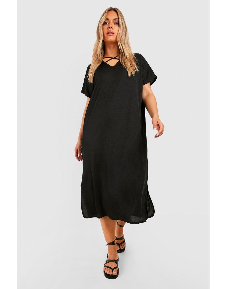 Plus Rib Cross Detail T-shirt Dress - black