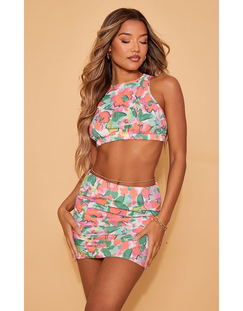 Red Floral Print Linen Look Sleeveless Crop Top