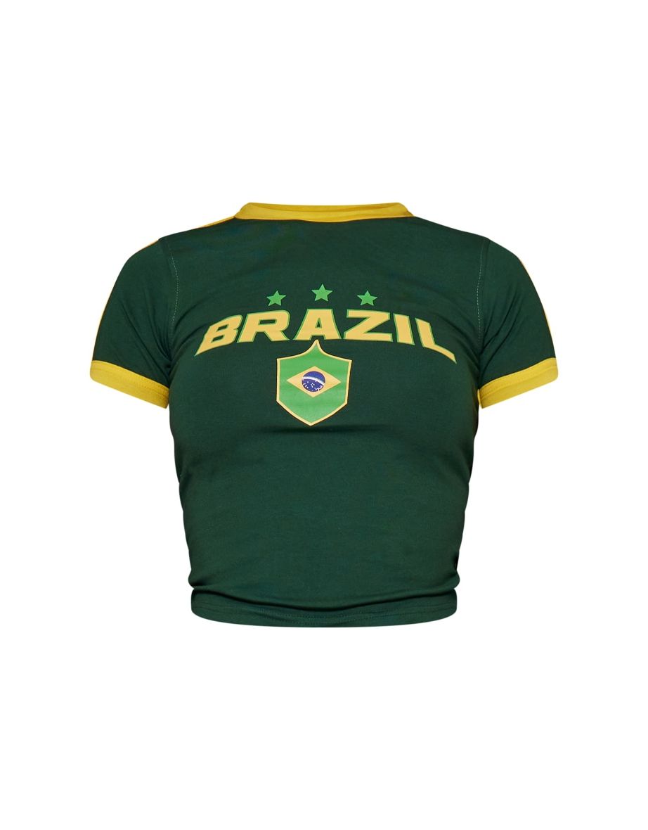 Green Brazil Print Fitted Longline T Shirt - 4