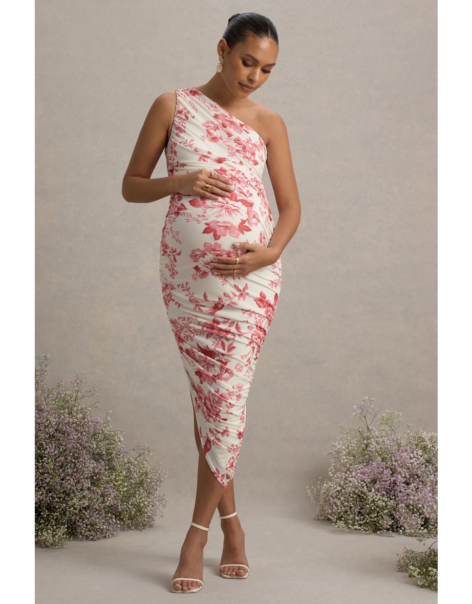Late Night | Pink Floral Print Maternity Ruched One Shoulder Midi Dress