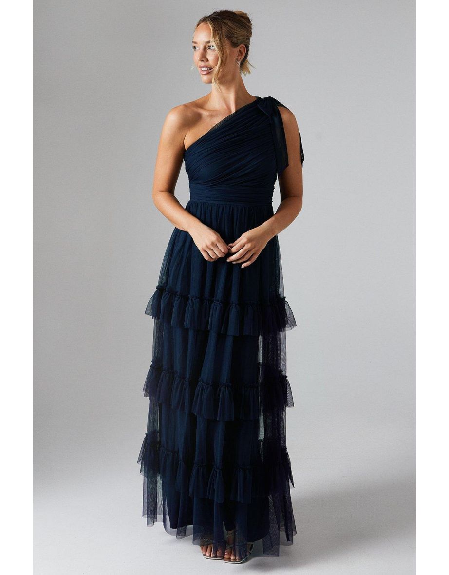 Pleated Mesh One Shoulder Tiered Bridesmaids Dress