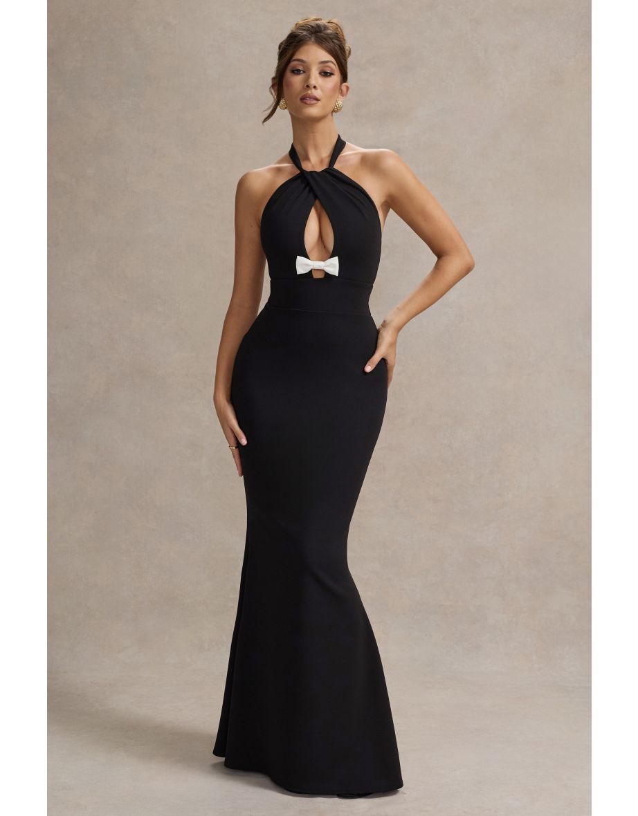 Raelynn | Black Halter-Neck Cut-Out Maxi Dress With Bow