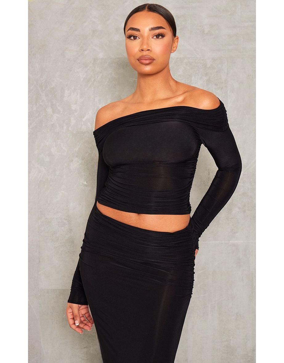 Shop Tall Black Slinky Ruched Detail Bardot Top Online in Oman VogaCloset