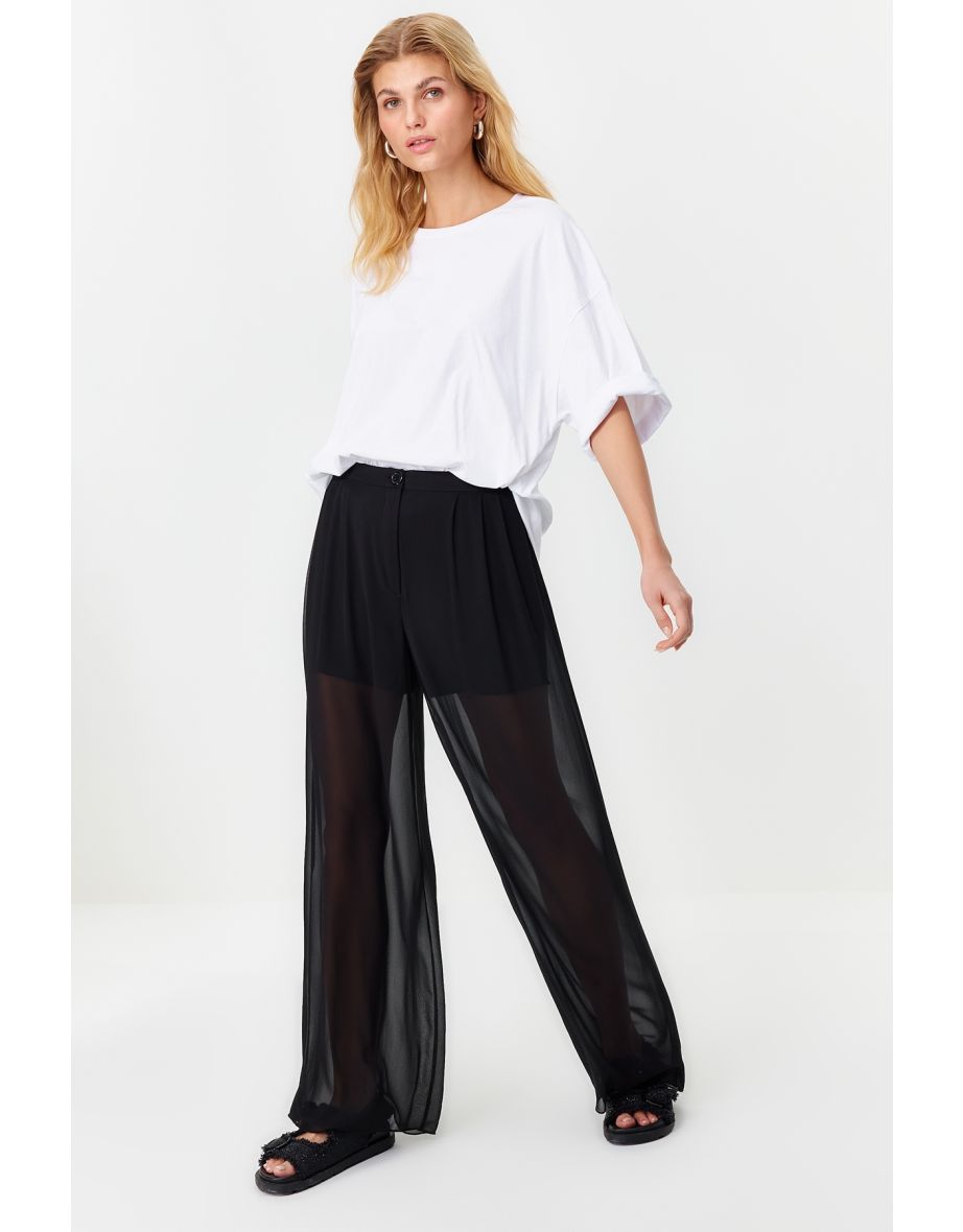 Black Wide Leg Transparent Short Shorts Lined Woven Trousers