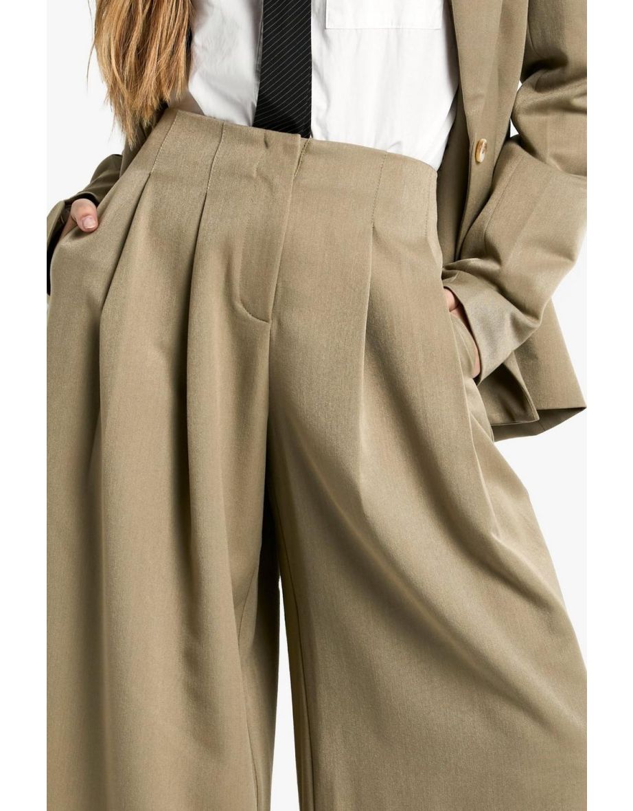 Tailored Pleated Low Rise Wide Leg Trousers - khaki - 3