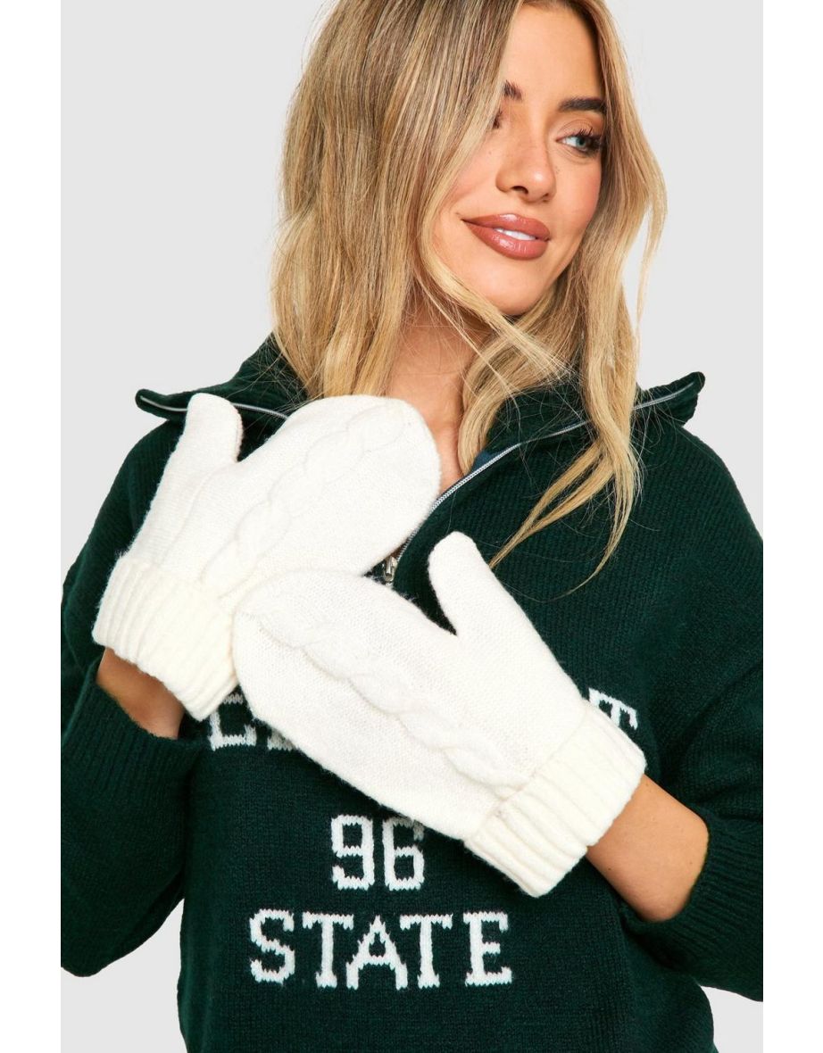 Cable Knit Mitten Gloves - ivory