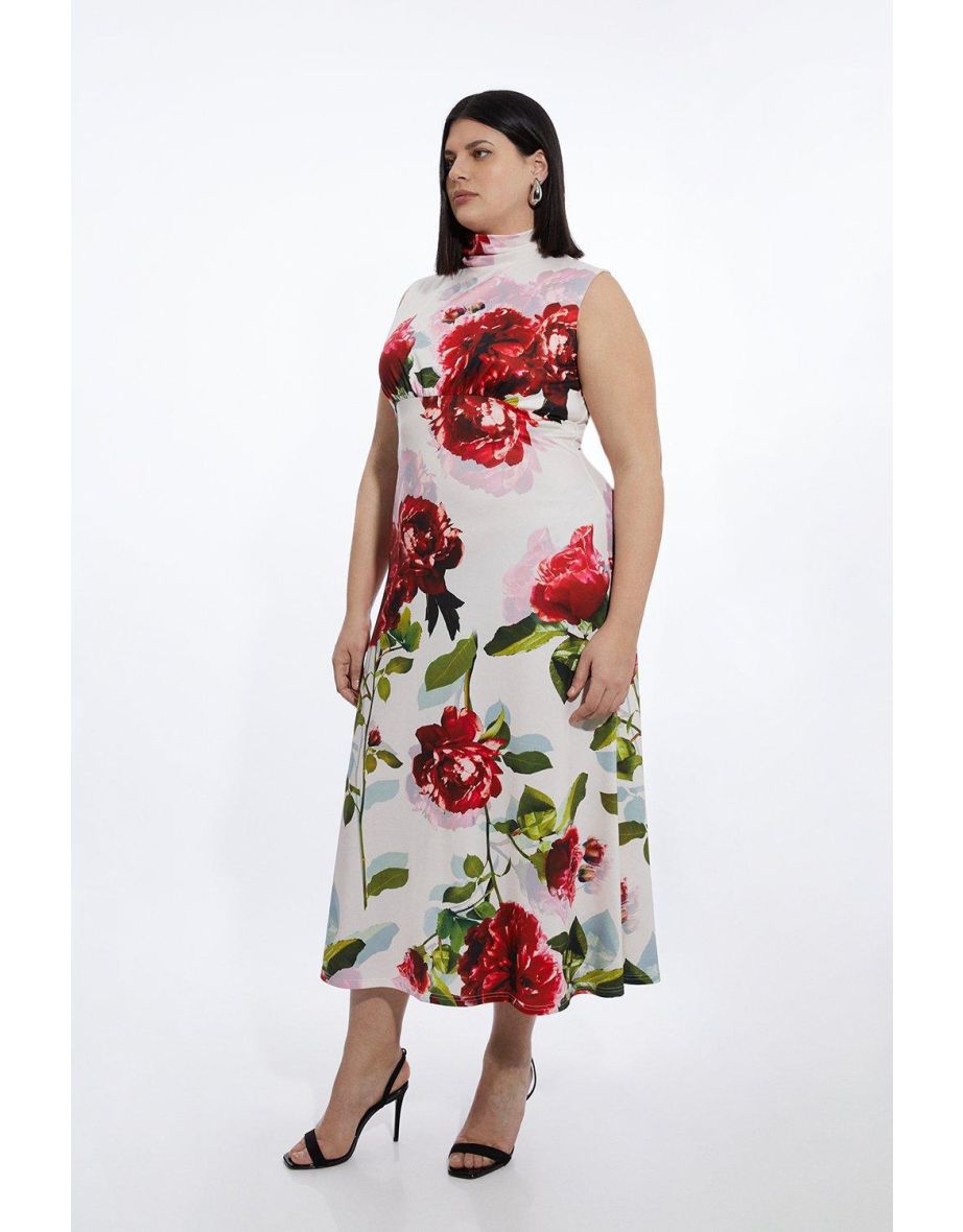 Plus Size Rose High Neck Drapey Crepe Jersey Maxi Dress