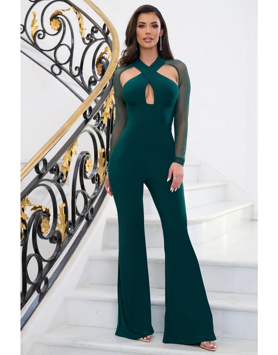 Show Up | Bottle Green Wrap Front Jumpsuit With Mesh Sleeves