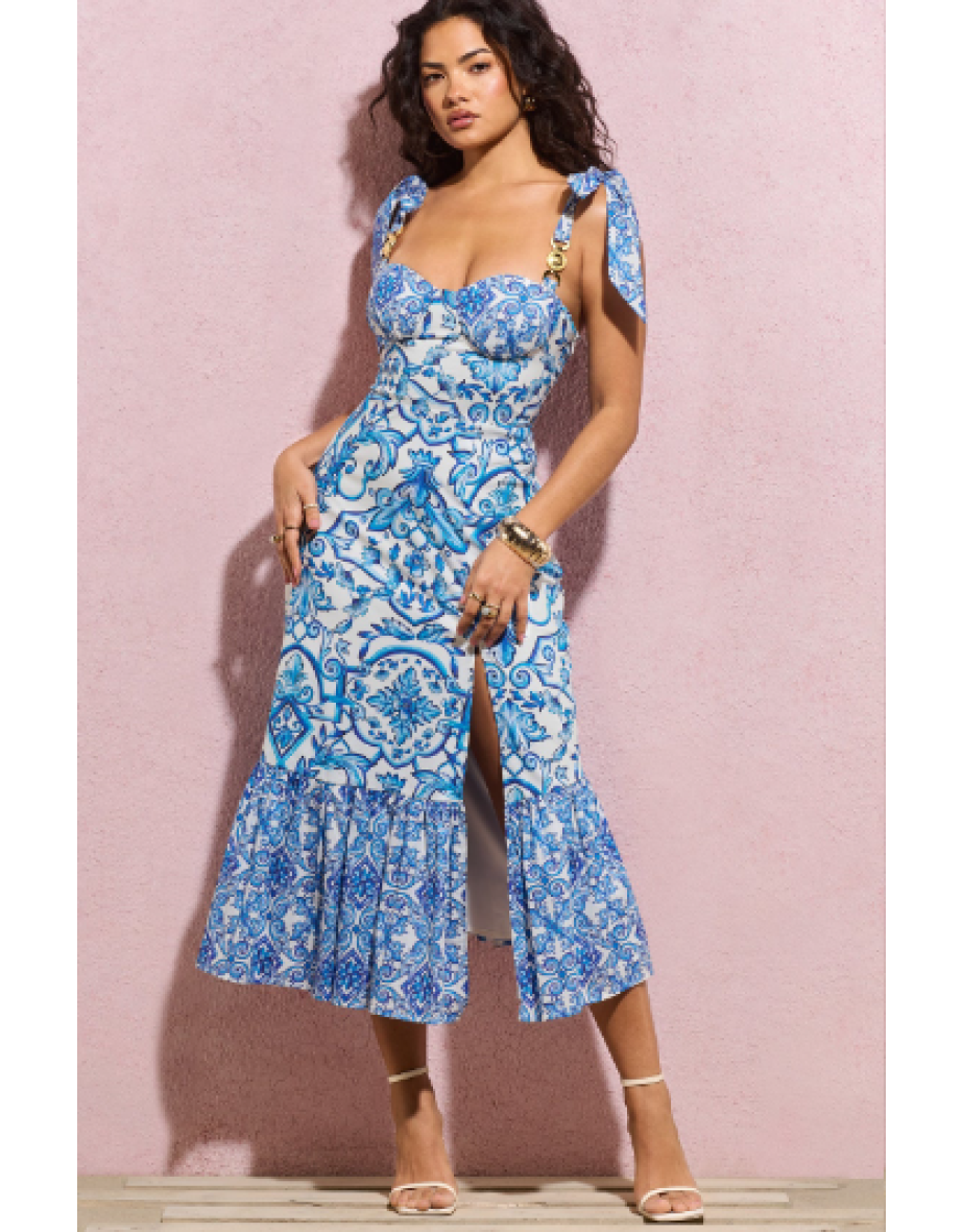 Meredith | Blue Porcelain Print Strappy Split Dress