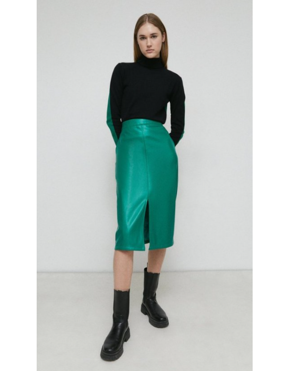 Split Front Faux Leather Pencil Skirt