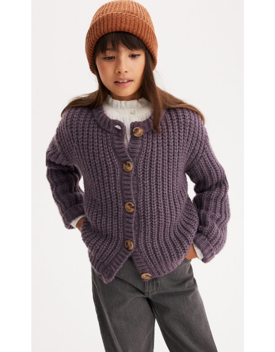 Chunky Knit Buttoned Cardigan with Crew Neck
