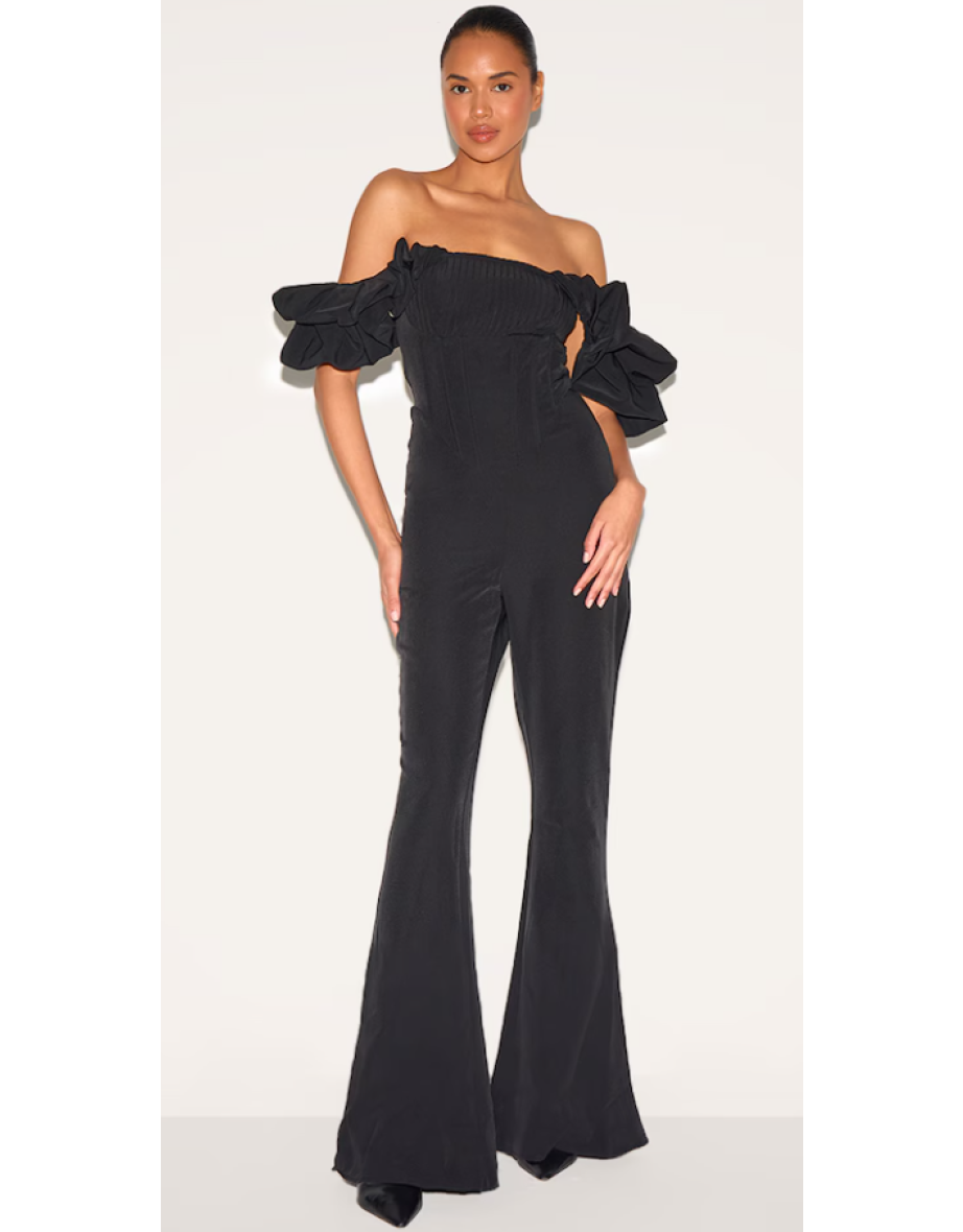 Black Woven Pleated Corset Detail Bardot Frill Jumpsuit.