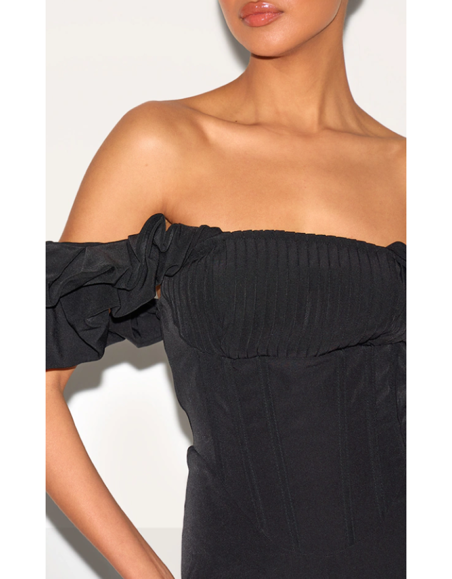 Black Woven Pleated Corset Detail Bardot Frill Jumpsuit. - 3