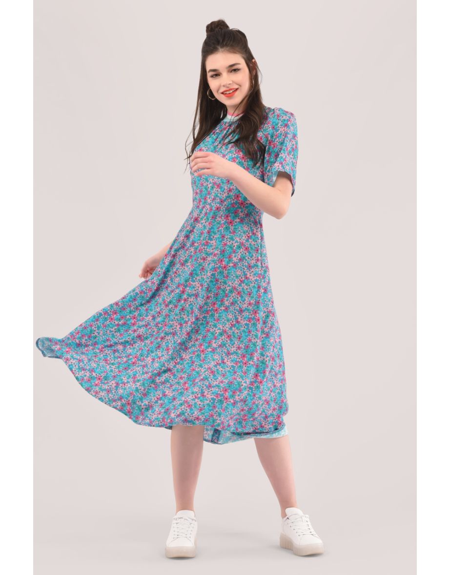 Closet London Blue Rib Neck Full Skirt Dress